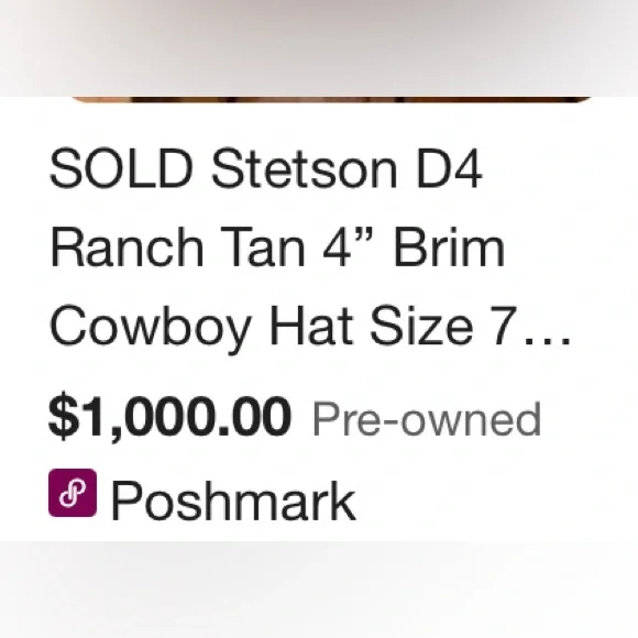 Vintage Stetson D4 Ranch Tan 4” Brim Cowboy Hat Size 7 1/4 MADE in USA PRICE… - Picture 9 of 16